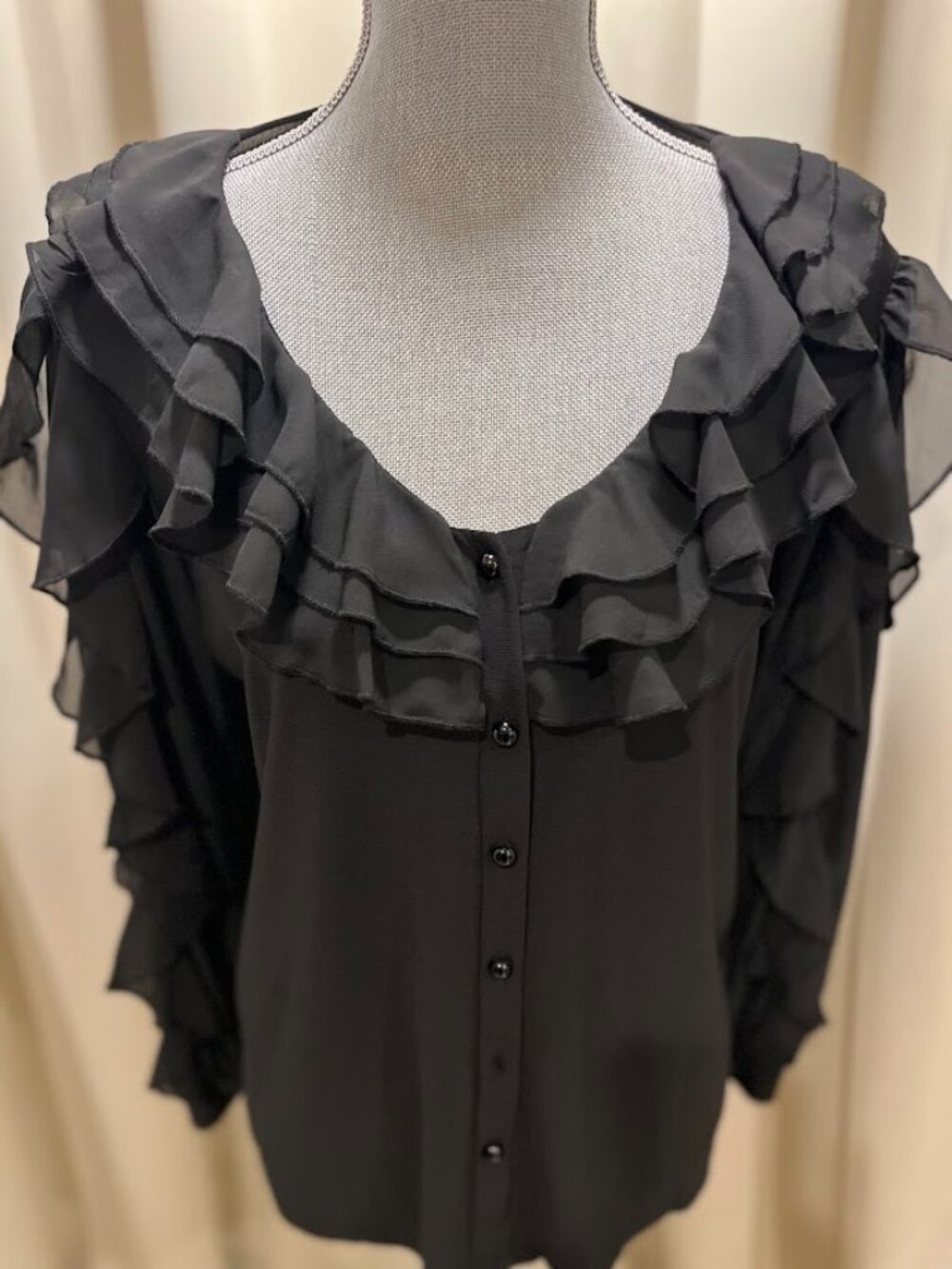 Perception Concept Black Long Sleeved Ruffled Knit Top Size L NWT